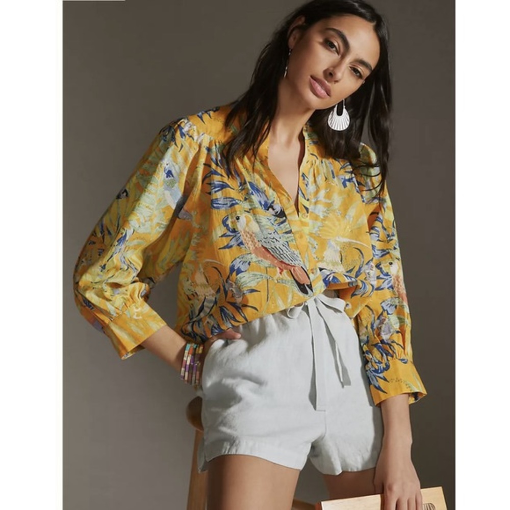 Maeve Anthropologie Puff-Sleeved Tropical Button down blouse top